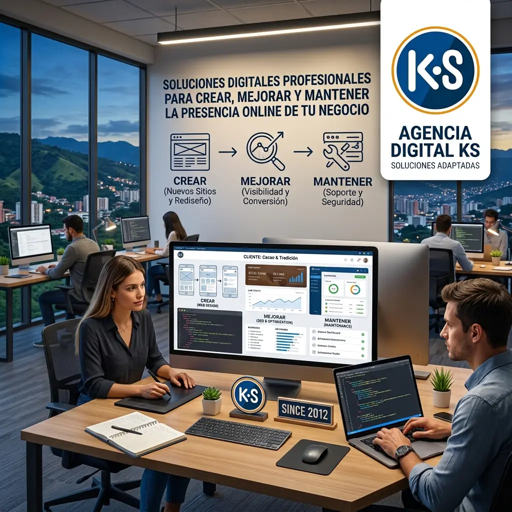 Equipo de Agencia Digital KS en Los Teques trabajando en el desarrollo, optimización SEO y mantenimiento de proyectos digitales en Miranda
